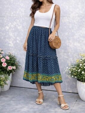 Papa Vancouver Navy Blue Patterned Maxi Skirt Medium Lined Boho